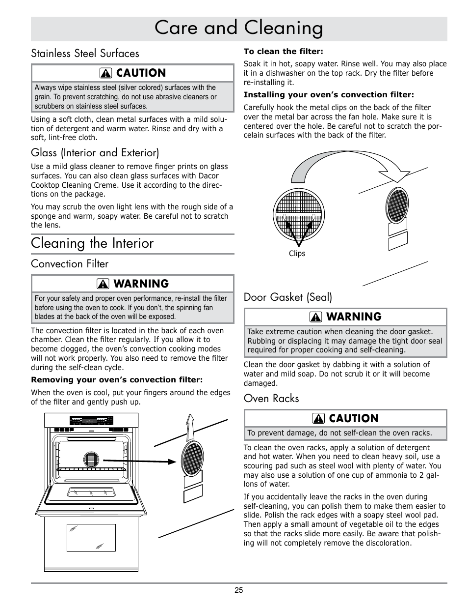 Care and cleaning, Cleaning the interior, Door gasket (seal) warning | Oven racks caution, Stainless steel surfaces caution, Glass (interior and exterior), Convection filter warning | Dacor MORD230 User Manual | Page 27 / 36