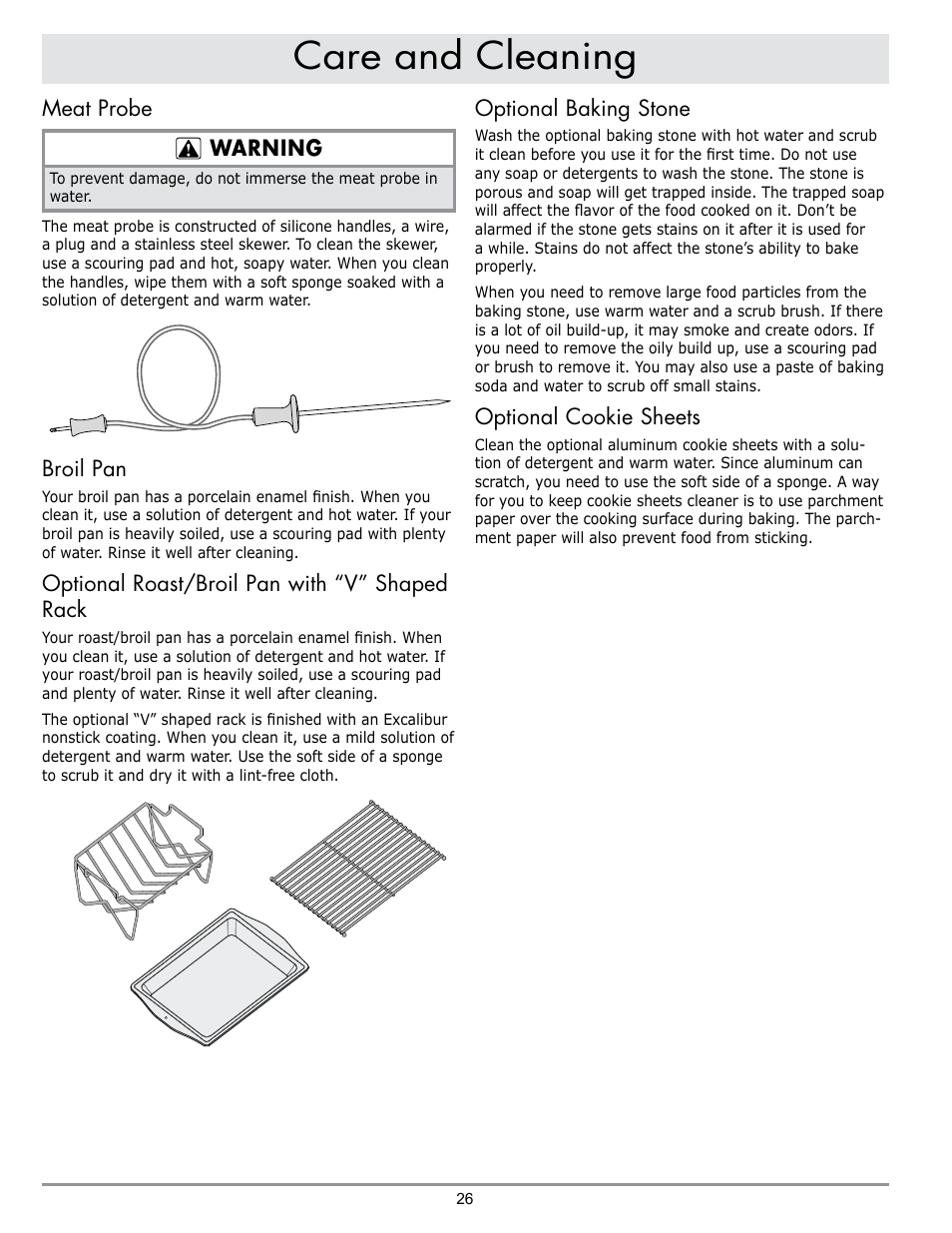 Care and cleaning, Meat probe warning, Broil pan | Optional roast/broil pan with “v” shaped rack, Optional baking stone, Optional cookie sheets | Dacor MORD230 User Manual | Page 28 / 36