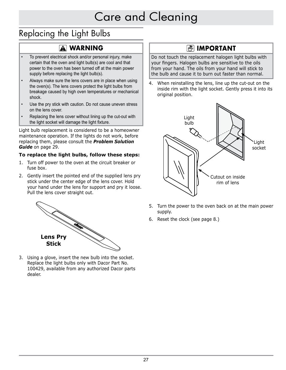 Care and cleaning, Replacing the light bulbs, Warning | Important | Dacor MORD230 User Manual | Page 29 / 36