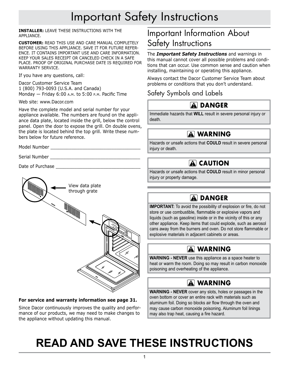 Important safety instructions, Read and save these instructions, Important information about safety instructions | Safety symbols and labels danger, Warning, Caution, Danger | Dacor MORD230 User Manual | Page 3 / 36