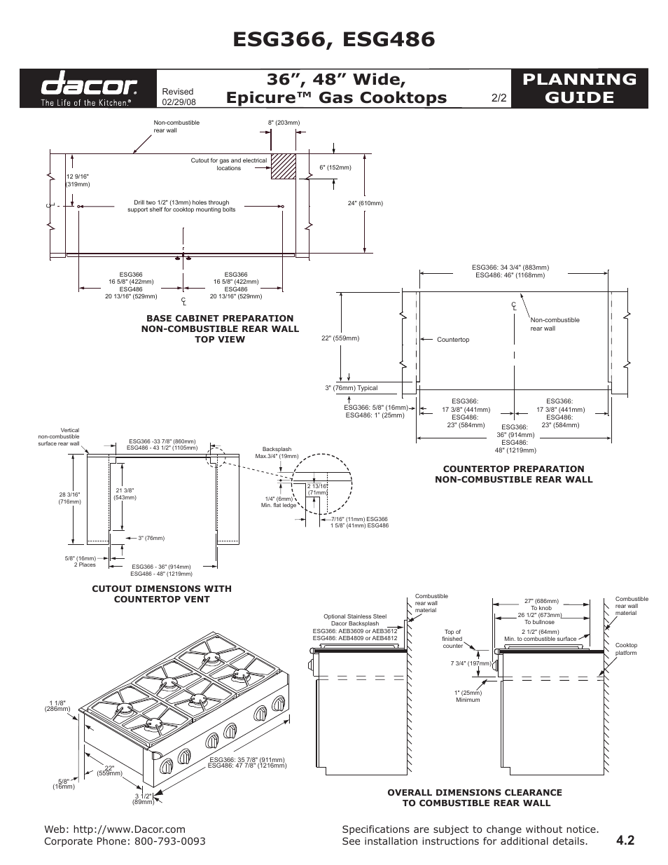Planning guide, 36”, 48” wide, epicure™ gas cooktops | Dacor ESG366 User Manual | Page 2 / 2