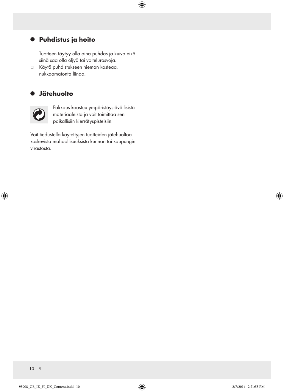 Puhdistus ja hoito, Jätehuolto | Powerfix  Z16531 User Manual | Page 10 / 25