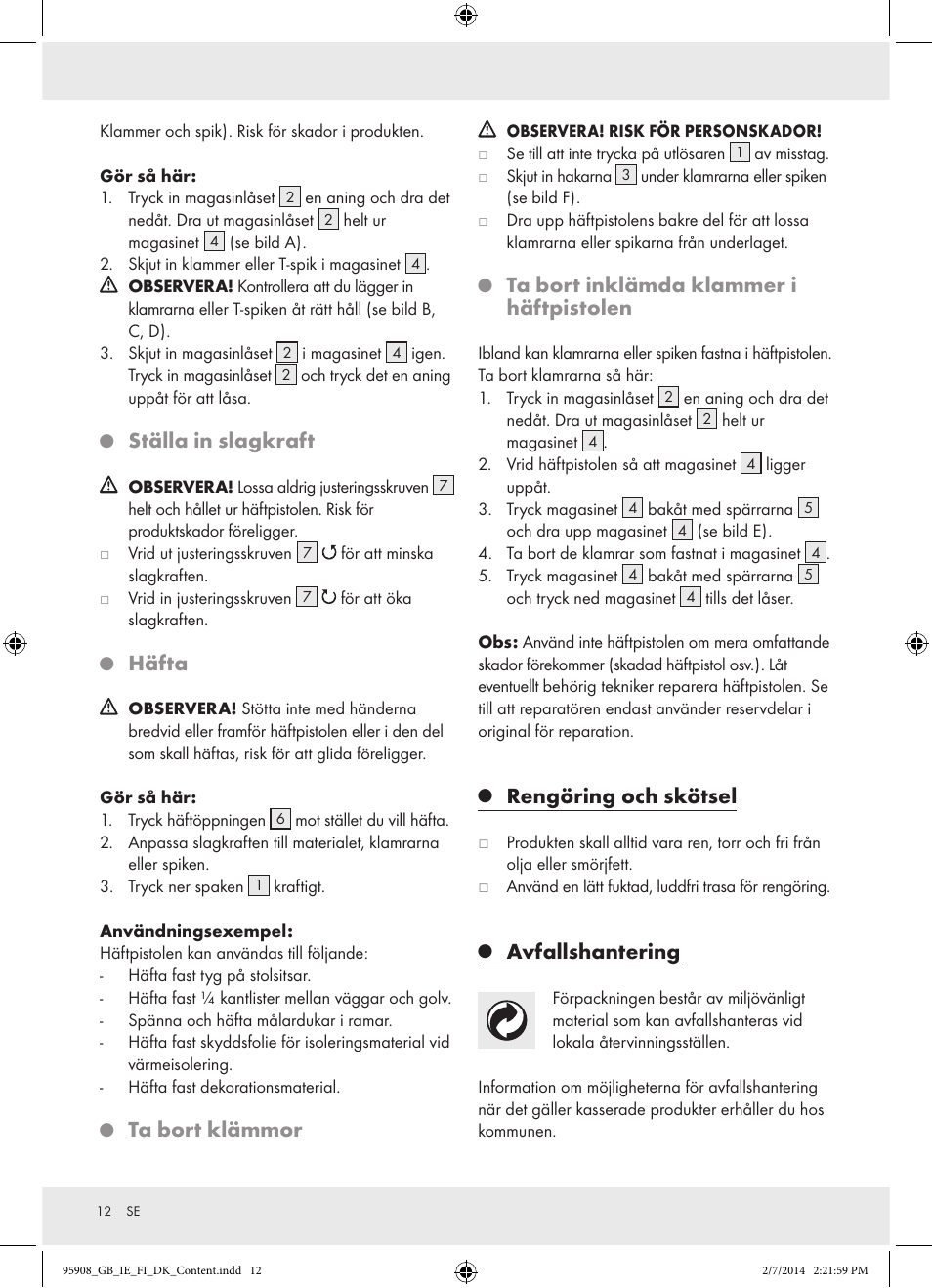 Ställa in slagkraft, Häfta, Ta bort klämmor | Ta bort inklämda klammer i häftpistolen, Rengöring och skötsel, Avfallshantering | Powerfix  Z16531 User Manual | Page 12 / 25