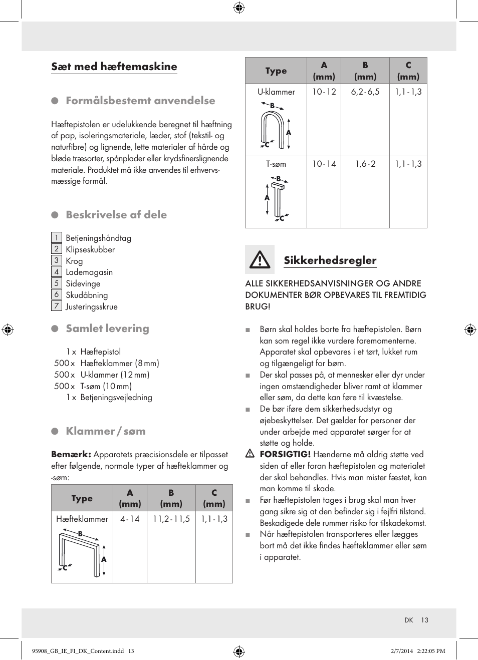 Sæt med hæftemaskine, Formålsbestemt anvendelse, Beskrivelse af dele | Samlet levering, Klammer / søm, Sikkerhedsregler | Powerfix  Z16531 User Manual | Page 13 / 25