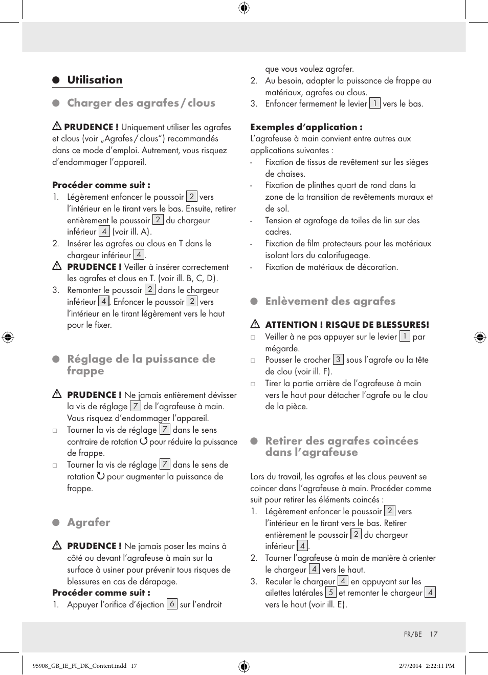 Utilisation, Charger des agrafes / clous, Réglage de la puissance de frappe | Agrafer, Enlèvement des agrafes, Retirer des agrafes coincées dans l’agrafeuse | Powerfix  Z16531 User Manual | Page 17 / 25