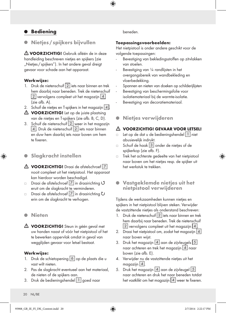 Bediening, Nietjes / spijkers bijvullen, Slagkracht instellen | Nieten, Nietjes verwijderen | Powerfix  Z16531 User Manual | Page 20 / 25