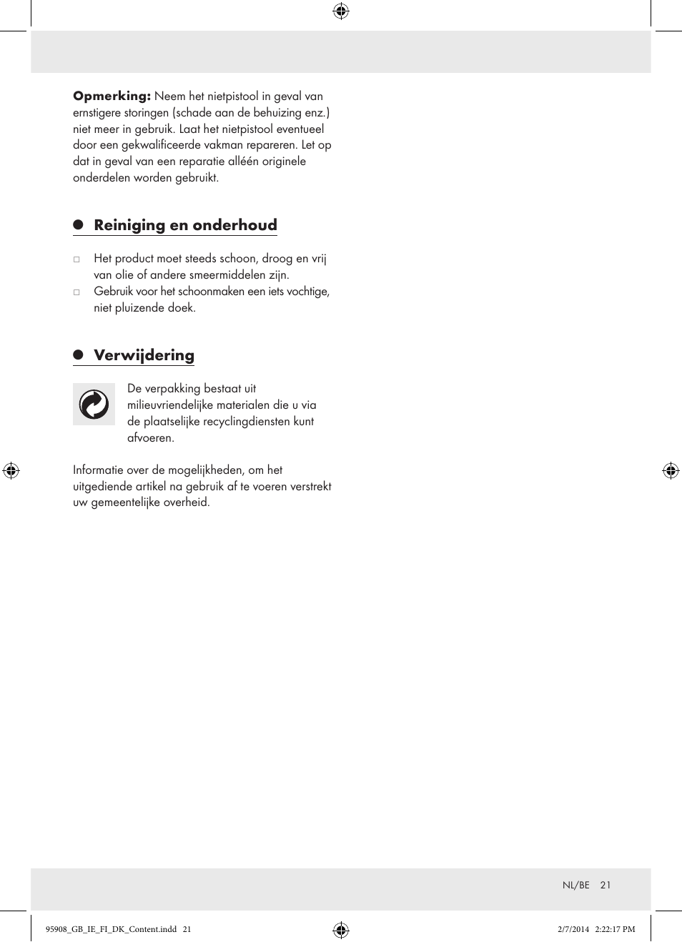 Reiniging en onderhoud, Verwijdering | Powerfix  Z16531 User Manual | Page 21 / 25