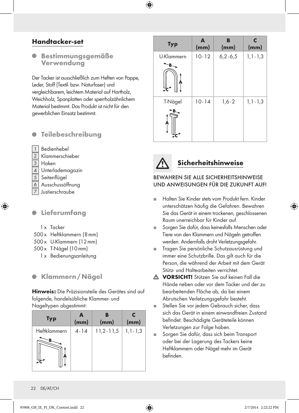 Handtacker-set, Bestimmungsgemäße verwendung, Teilebeschreibung | Lieferumfang, Klammern / nägel, Sicherheitshinweise | Powerfix  Z16531 User Manual | Page 22 / 25