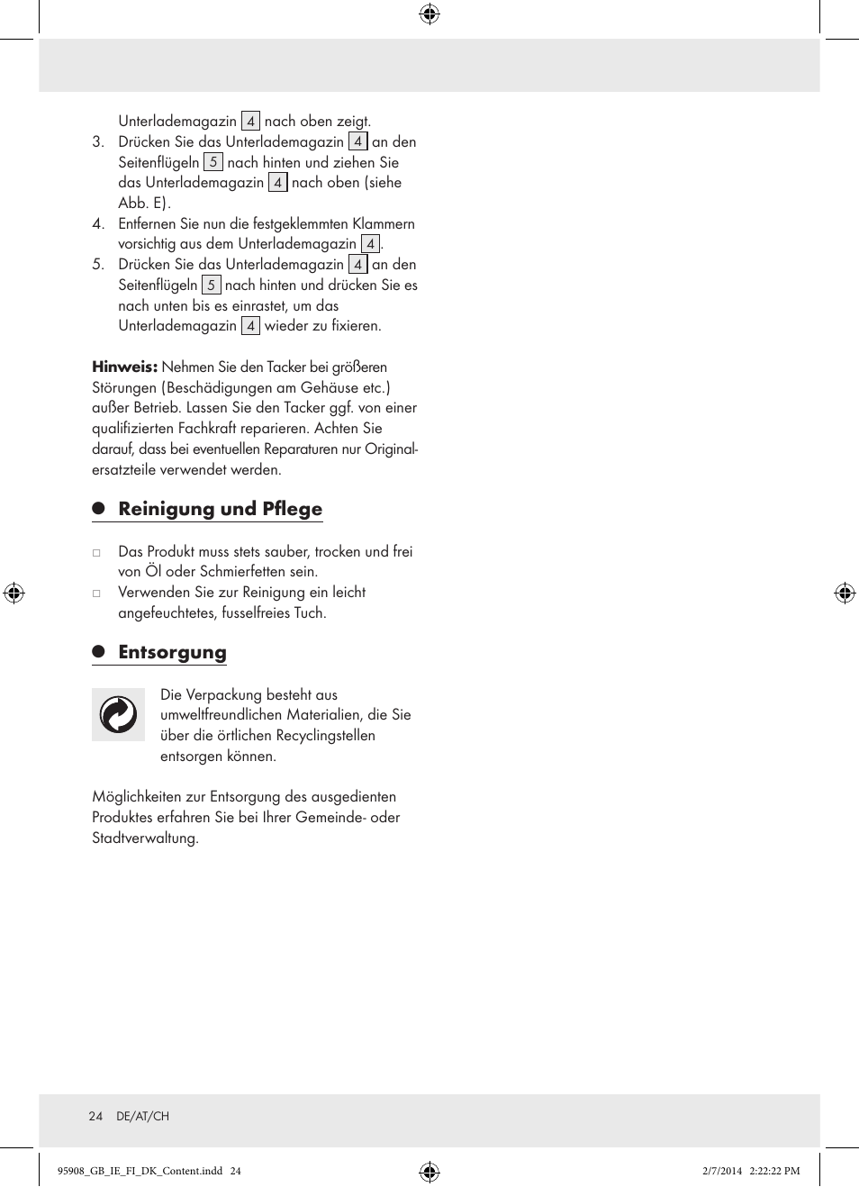 Reinigung und pflege, Entsorgung | Powerfix  Z16531 User Manual | Page 24 / 25