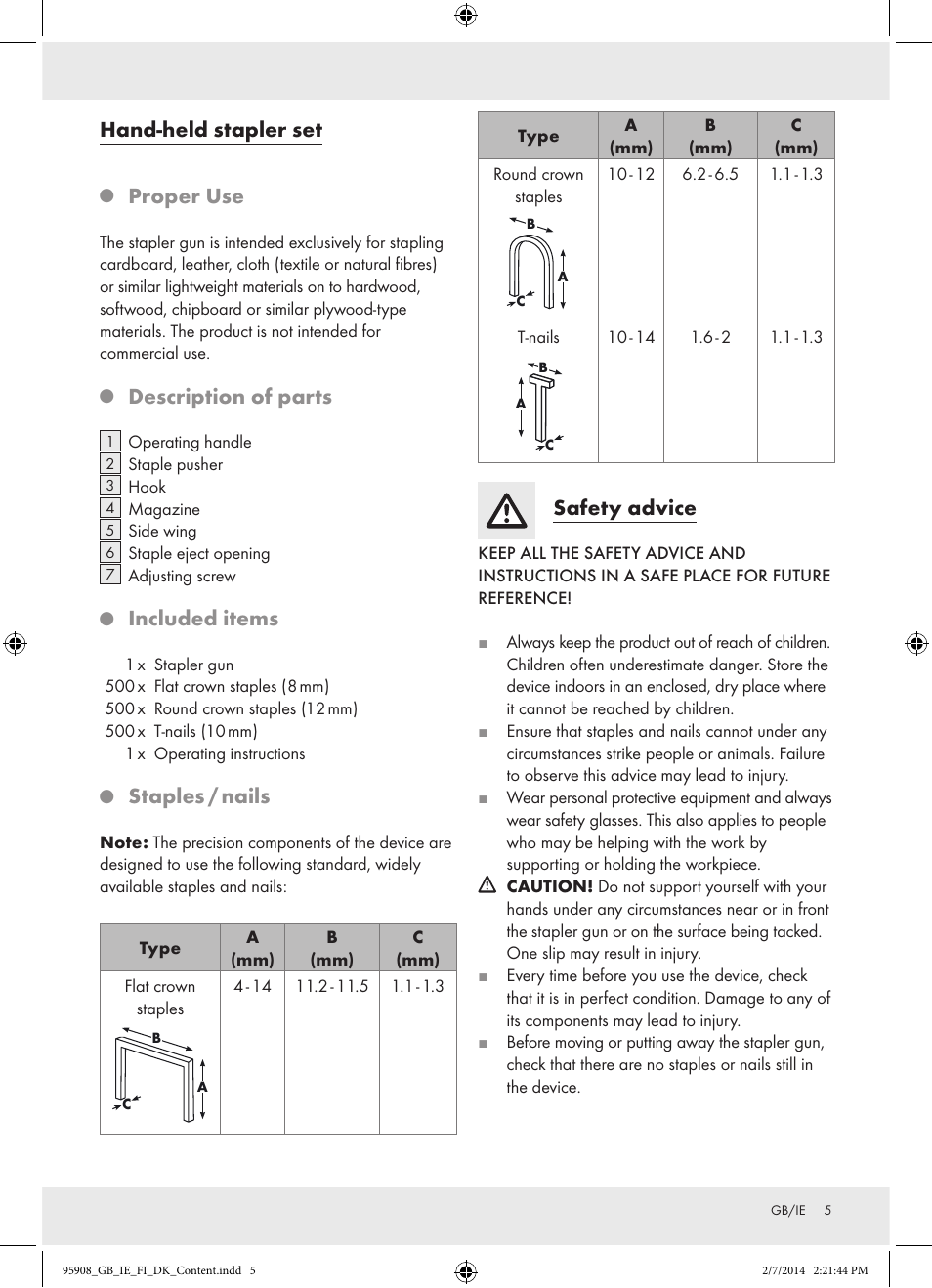 Hand-held stapler set, Proper use, Description of parts | Included items, Staples / nails, Safety advice | Powerfix  Z16531 User Manual | Page 5 / 25