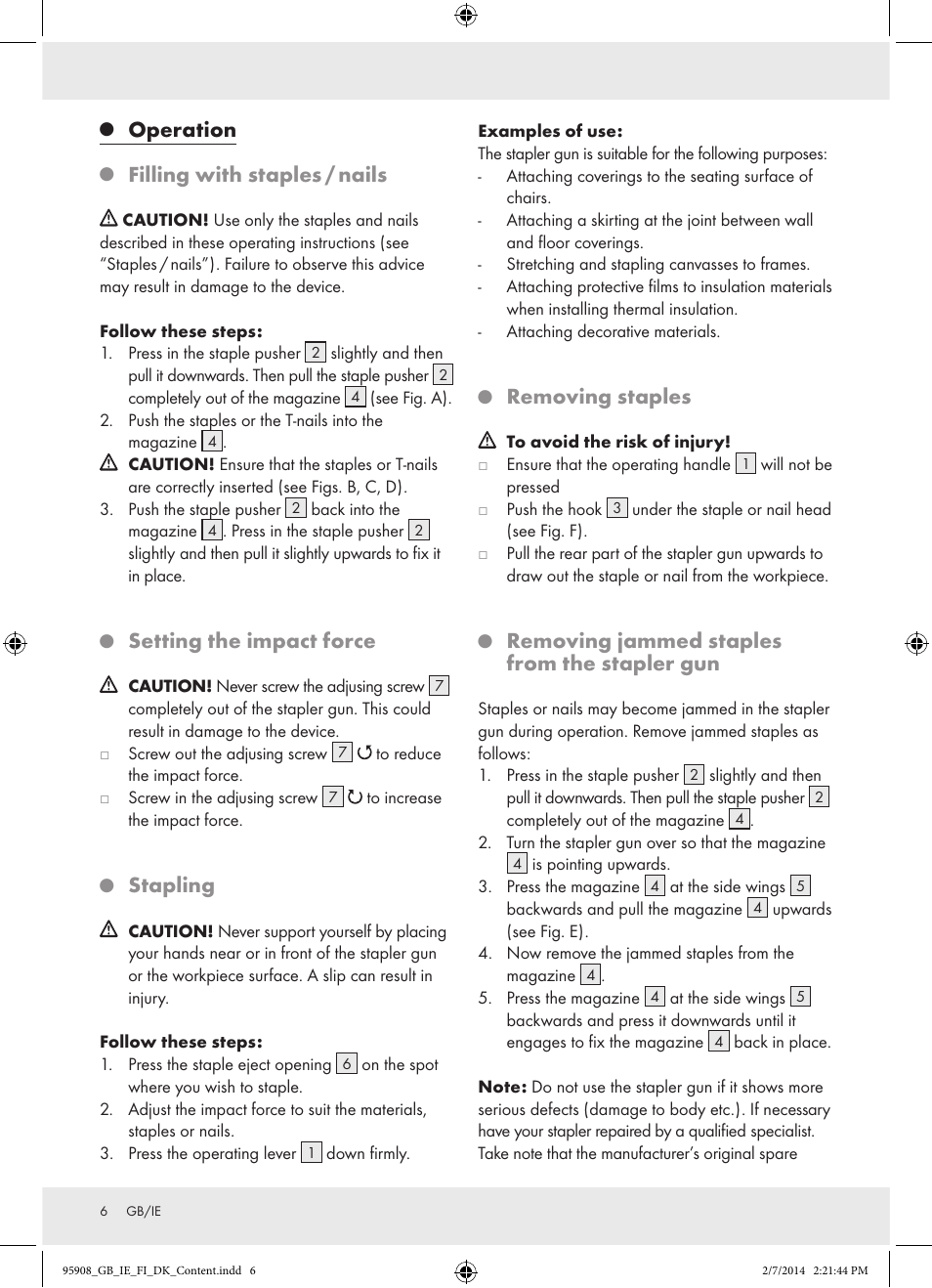 Operation, Filling with staples / nails, Setting the impact force | Stapling, Removing staples, Removing jammed staples from the stapler gun | Powerfix  Z16531 User Manual | Page 6 / 25