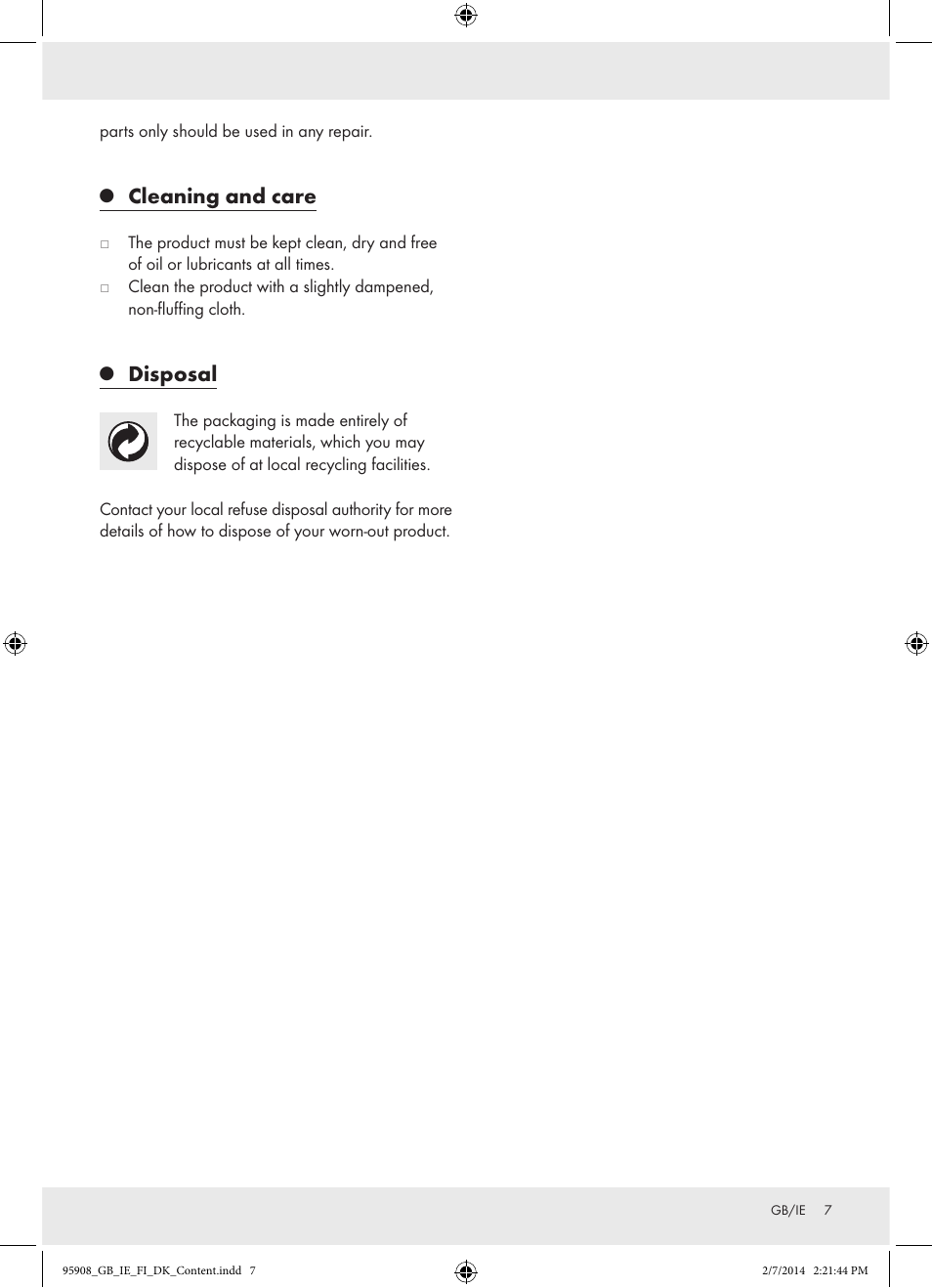 Cleaning and care, Disposal | Powerfix  Z16531 User Manual | Page 7 / 25