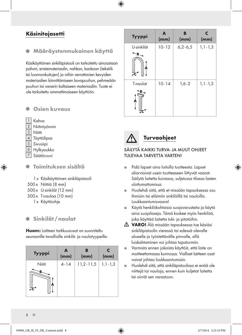 Käsinitojasetti, Määräystenmukainen käyttö, Osien kuvaus | Toimituksen sisältö, Sinkilät / naulat, Turvaohjeet | Powerfix  Z16531 User Manual | Page 8 / 25
