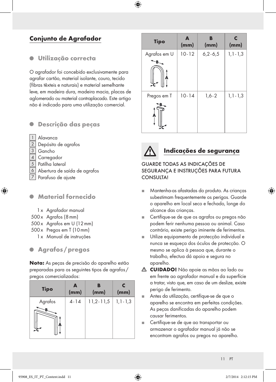 Conjunto de agrafador, Utilização correcta, Descrição das peças | Material fornecido, Agrafos / pregos, Indicações de segurança | Powerfix  Z16531 User Manual | Page 11 / 20