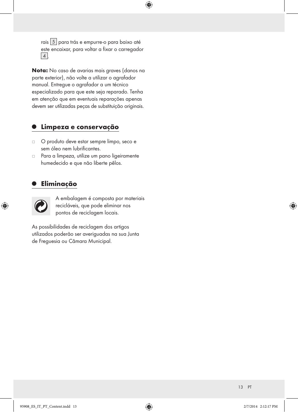Limpeza e conservação, Eliminação | Powerfix  Z16531 User Manual | Page 13 / 20