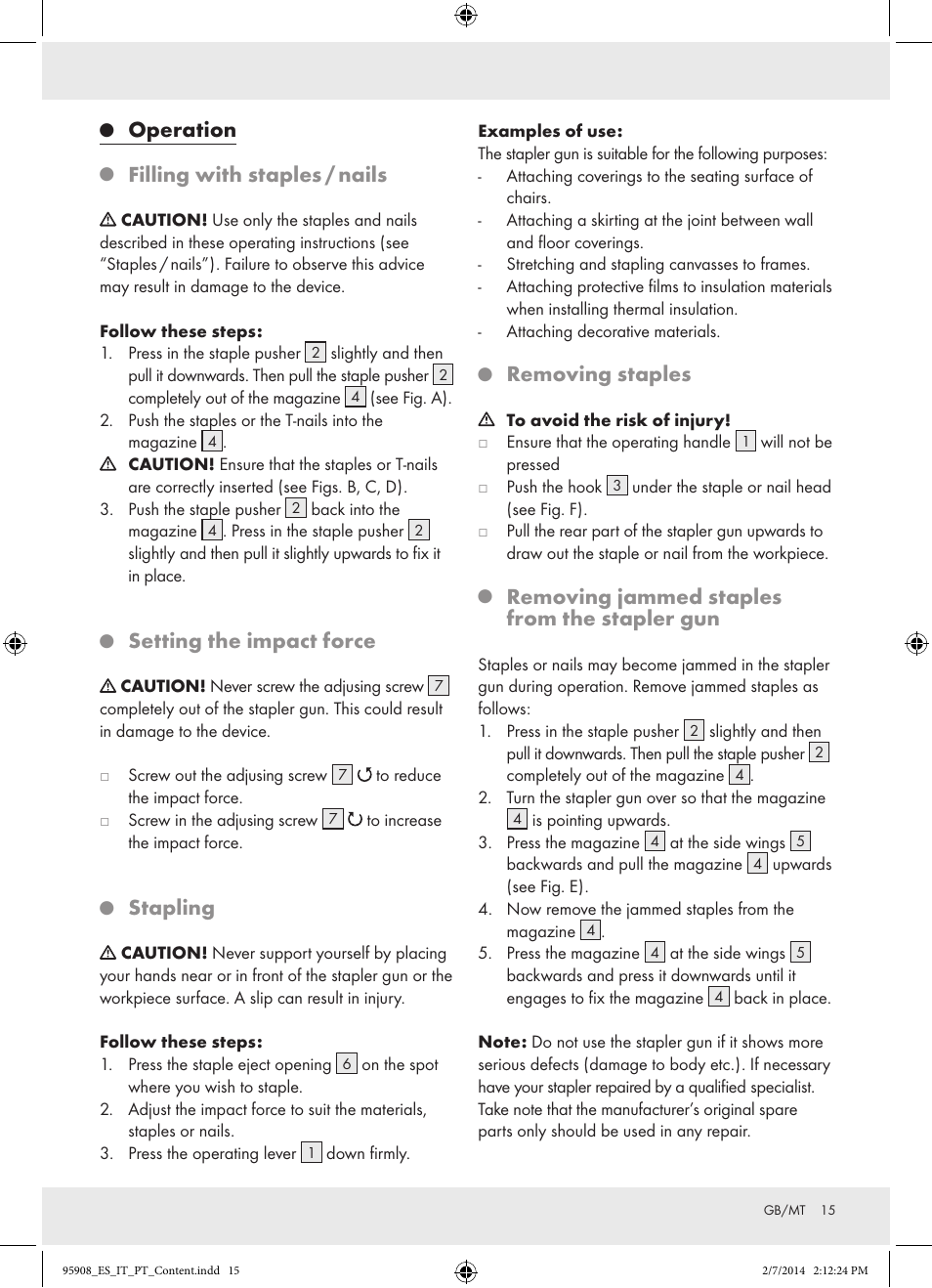 Operation, Filling with staples / nails, Setting the impact force | Stapling, Removing staples, Removing jammed staples from the stapler gun | Powerfix  Z16531 User Manual | Page 15 / 20
