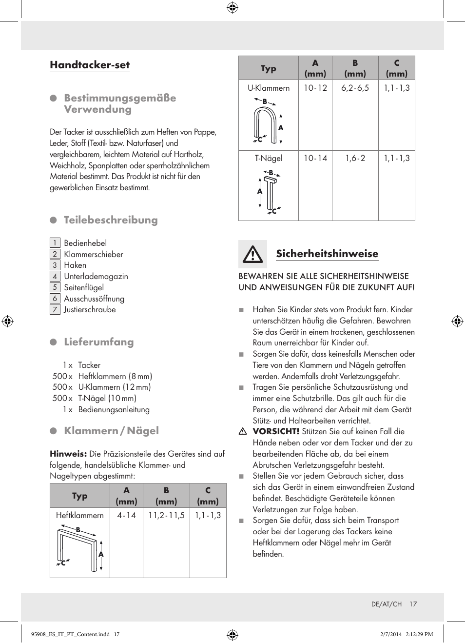 Handtacker-set, Bestimmungsgemäße verwendung, Teilebeschreibung | Lieferumfang, Klammern / nägel, Sicherheitshinweise | Powerfix  Z16531 User Manual | Page 17 / 20