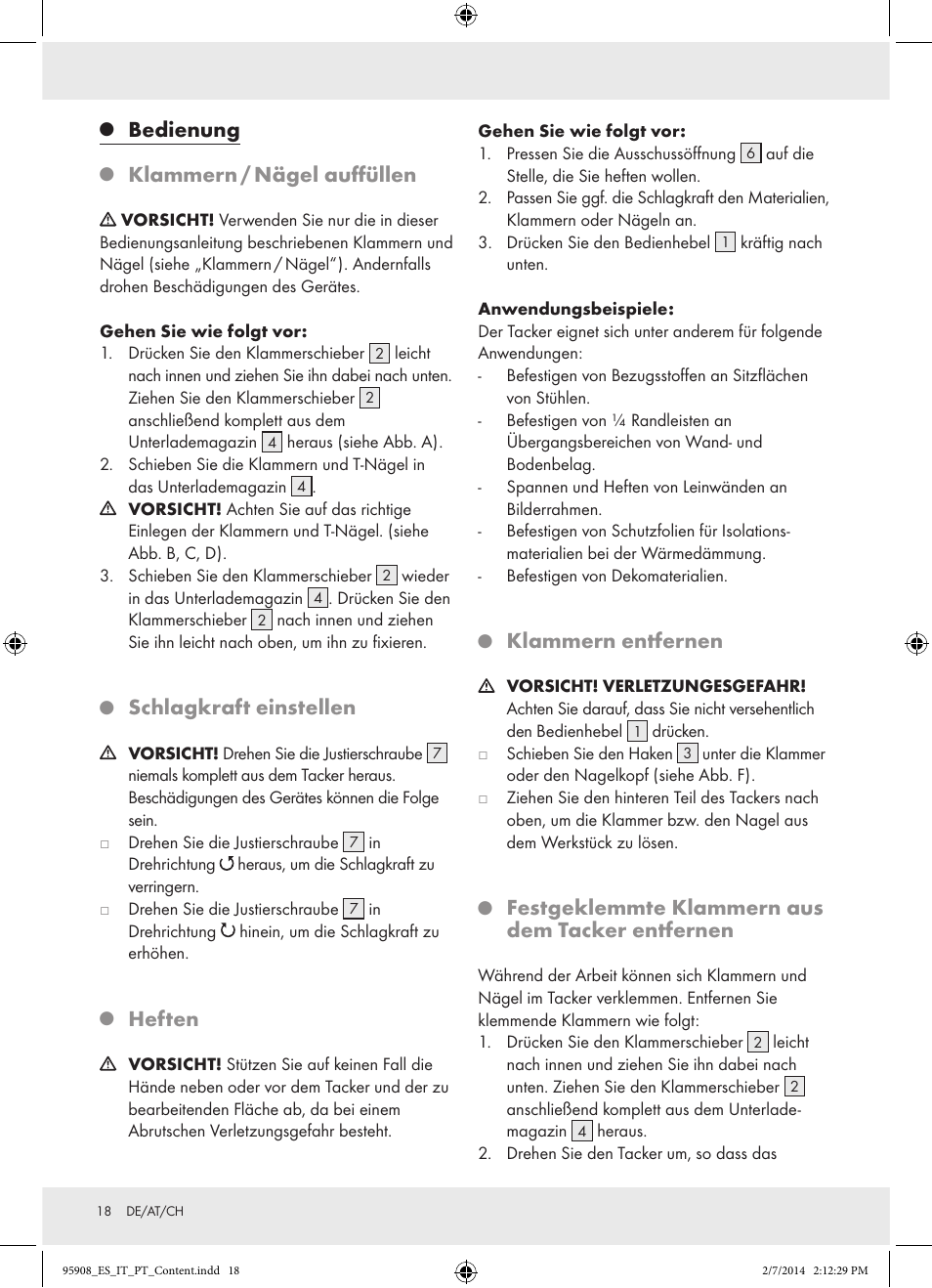 Bedienung, Klammern / nägel auffüllen, Schlagkraft einstellen | Heften, Klammern entfernen, Festgeklemmte klammern aus dem tacker entfernen | Powerfix  Z16531 User Manual | Page 18 / 20