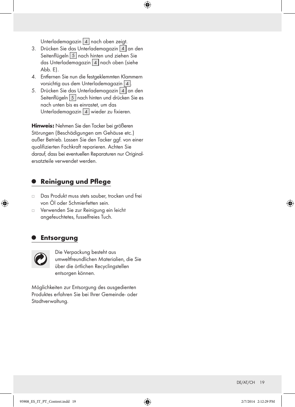Reinigung und pflege, Entsorgung | Powerfix  Z16531 User Manual | Page 19 / 20
