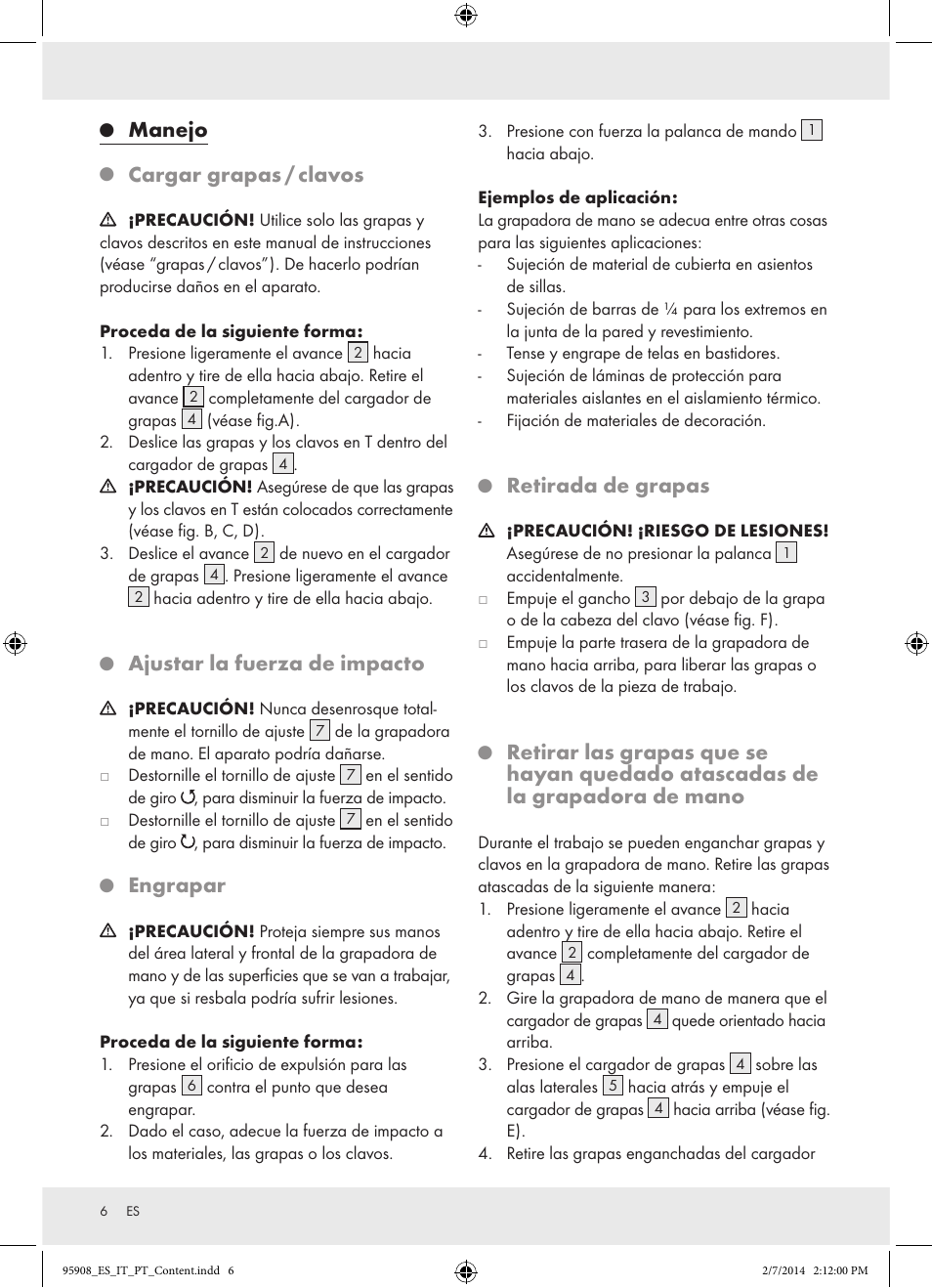 Manejo, Cargar grapas / clavos, Ajustar la fuerza de impacto | Engrapar, Retirada de grapas | Powerfix  Z16531 User Manual | Page 6 / 20