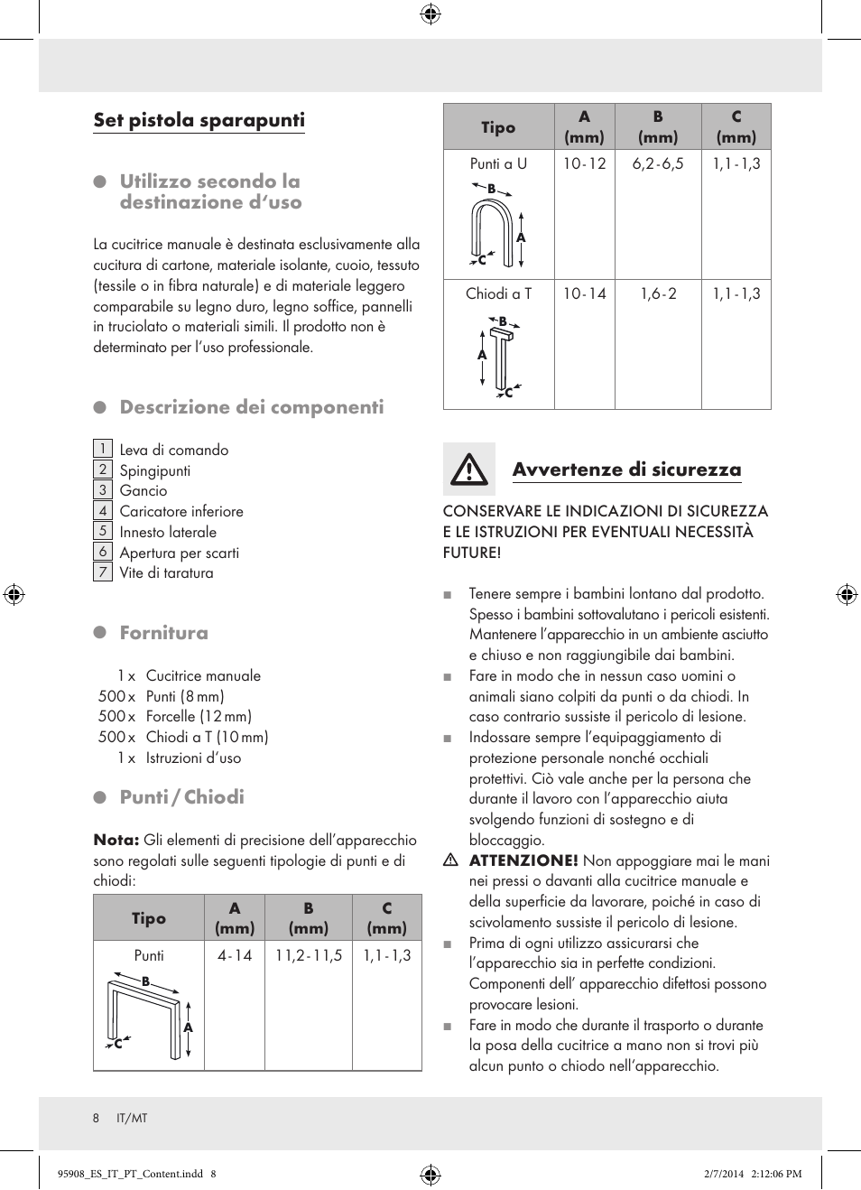 Set pistola sparapunti, Utilizzo secondo la destinazione d‘uso, Descrizione dei componenti | Fornitura, Punti / chiodi, Avvertenze di sicurezza | Powerfix  Z16531 User Manual | Page 8 / 20