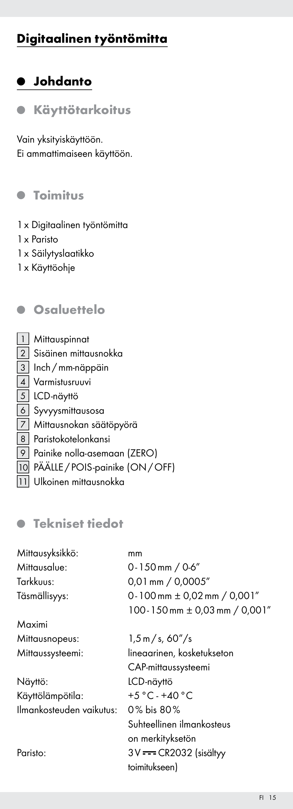 Digitaalinen työntömitta, Johdanto, Käyttötarkoitus | Toimitus, Osaluettelo, Tekniset tiedot | Powerfix Z22855 User Manual | Page 15 / 67