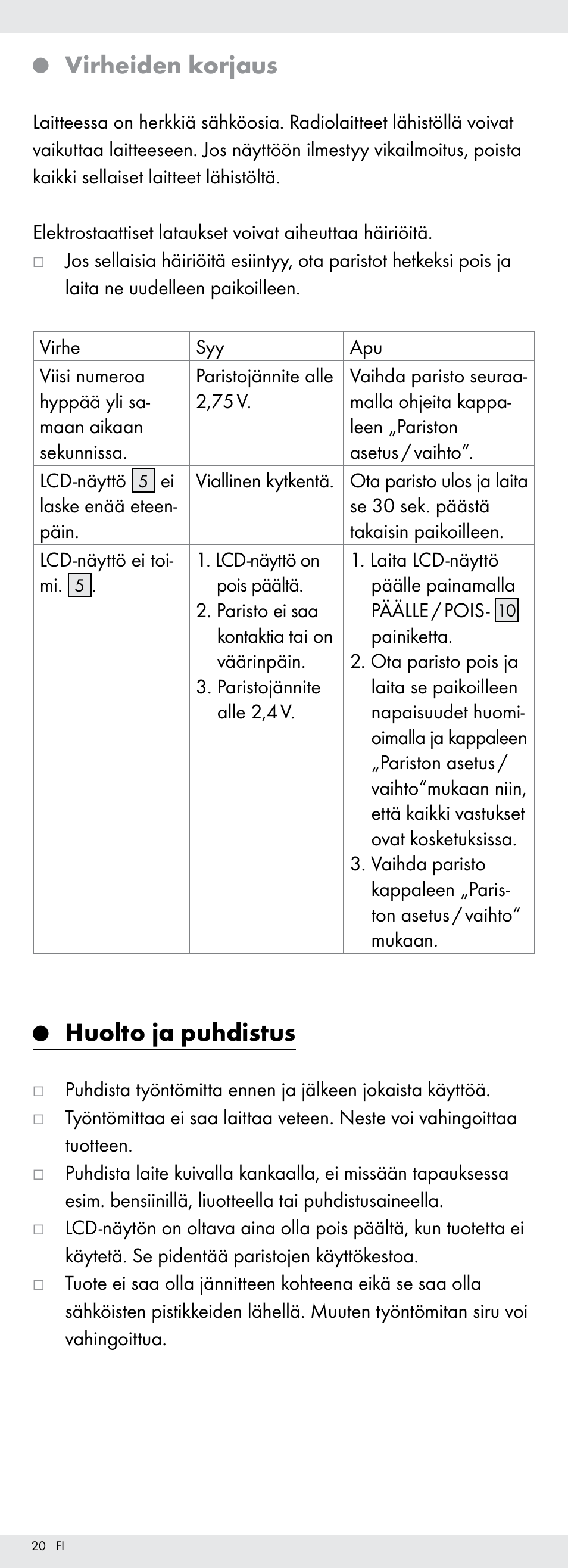 Virheiden korjaus, Huolto ja puhdistus | Powerfix Z22855 User Manual | Page 20 / 67
