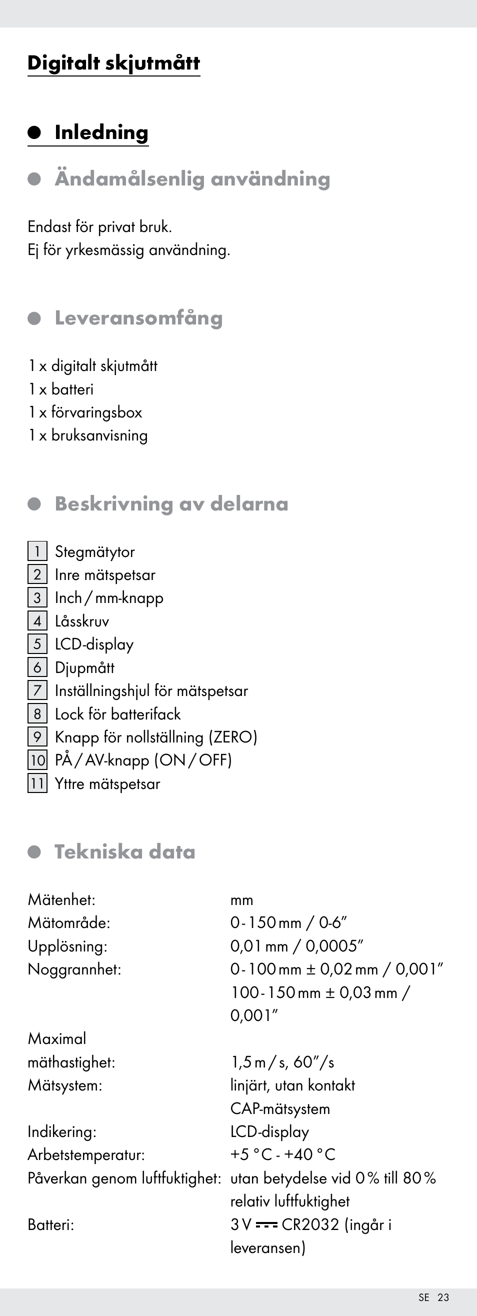 Digitalt skjutmått, Inledning, Ändamålsenlig användning | Leveransomfång, Beskrivning av delarna, Tekniska data | Powerfix Z22855 User Manual | Page 23 / 67