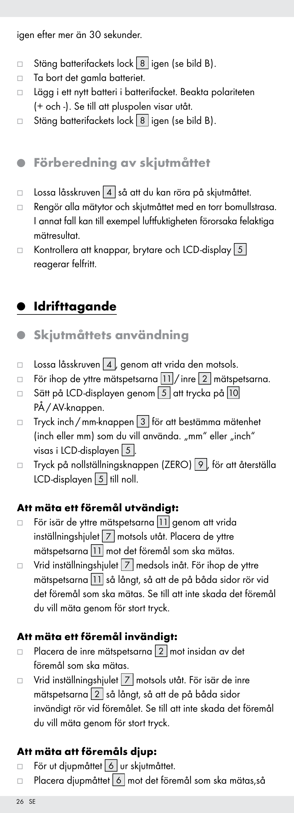 Förberedning av skjutmåttet, Idrifttagande, Skjutmåttets användning | Powerfix Z22855 User Manual | Page 26 / 67