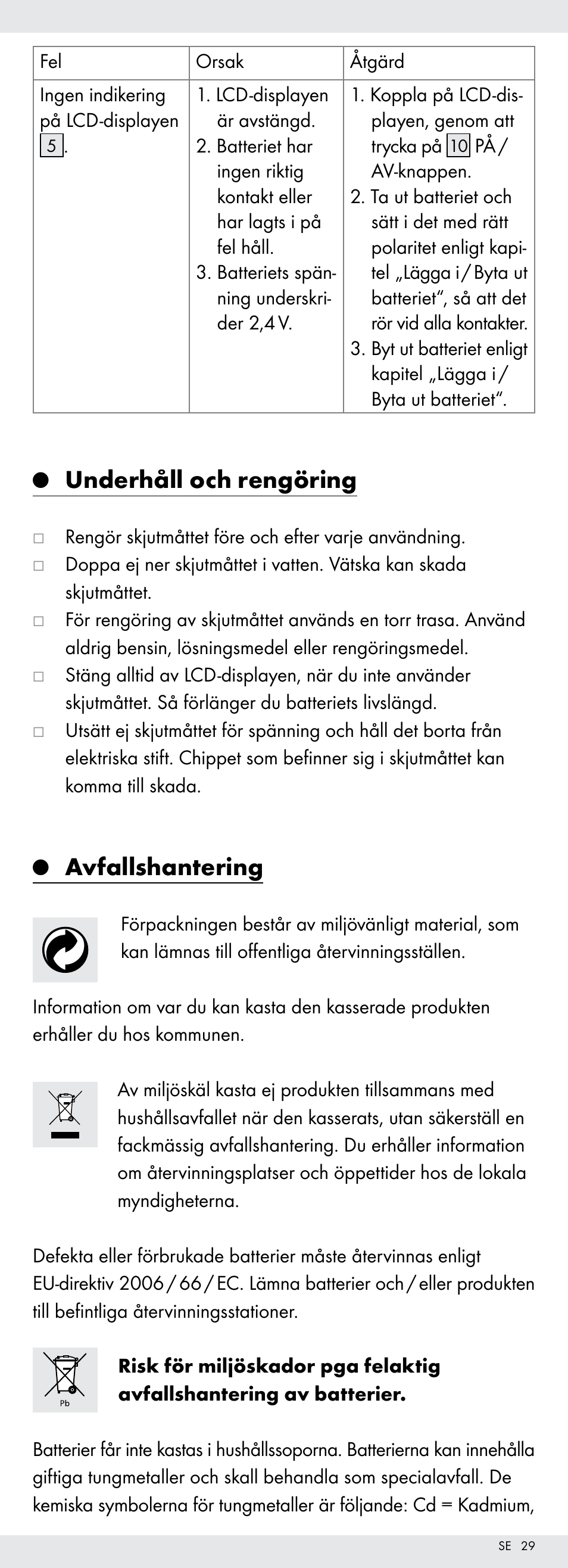 Underhåll och rengöring, Avfallshantering | Powerfix Z22855 User Manual | Page 29 / 67