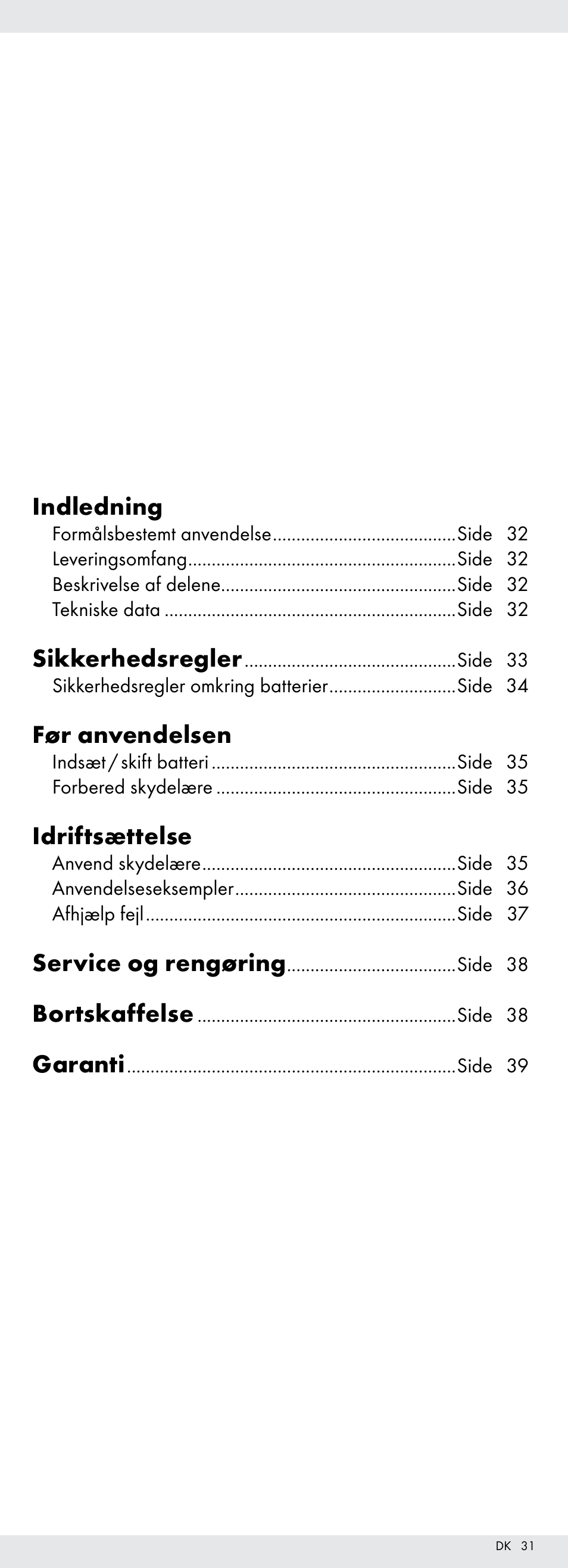 Indledning, Sikkerhedsregler, Før anvendelsen | Idriftsættelse, Service og rengøring, Bortskaffelse, Garanti | Powerfix Z22855 User Manual | Page 31 / 67