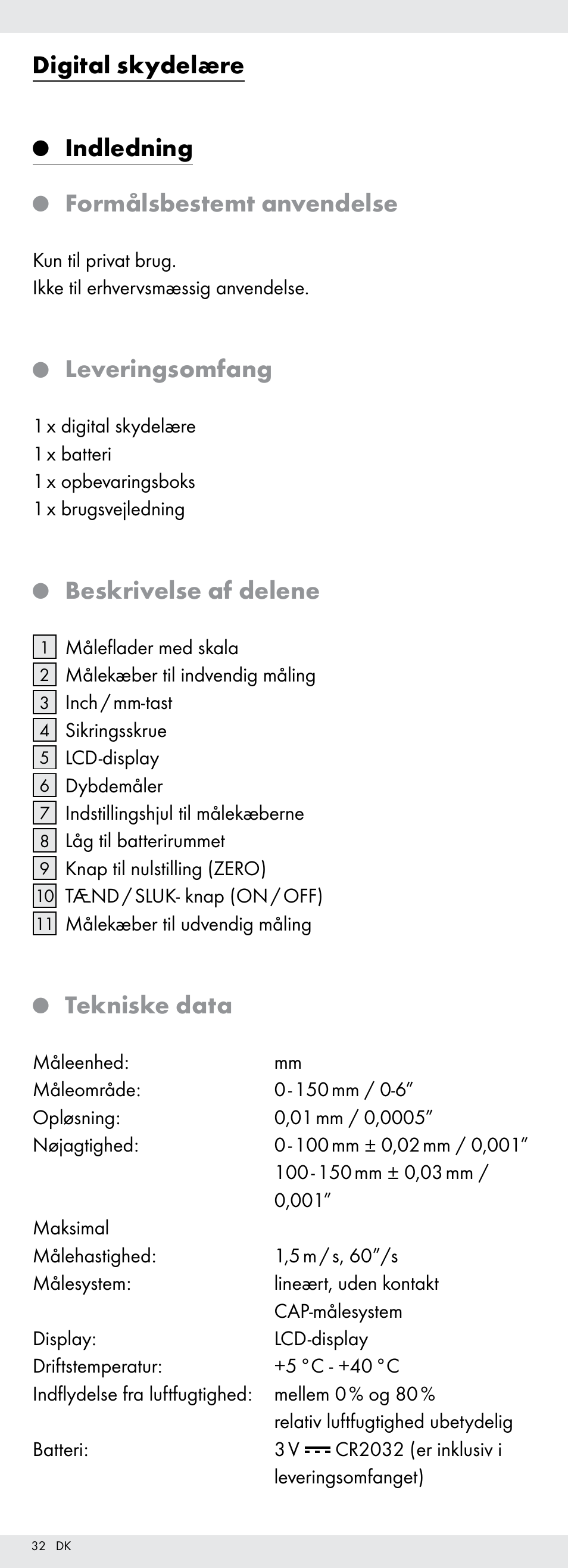 Digital skydelære, Indledning, Formålsbestemt anvendelse | Leveringsomfang, Beskrivelse af delene, Tekniske data | Powerfix Z22855 User Manual | Page 32 / 67