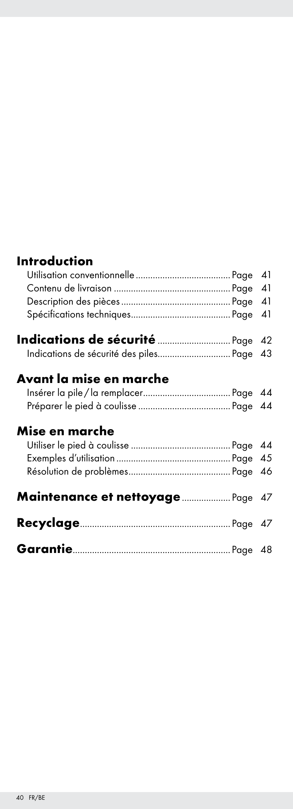 Introduction, Indications de sécurité, Avant la mise en marche | Mise en marche, Maintenance et nettoyage, Recyclage, Garantie | Powerfix Z22855 User Manual | Page 40 / 67