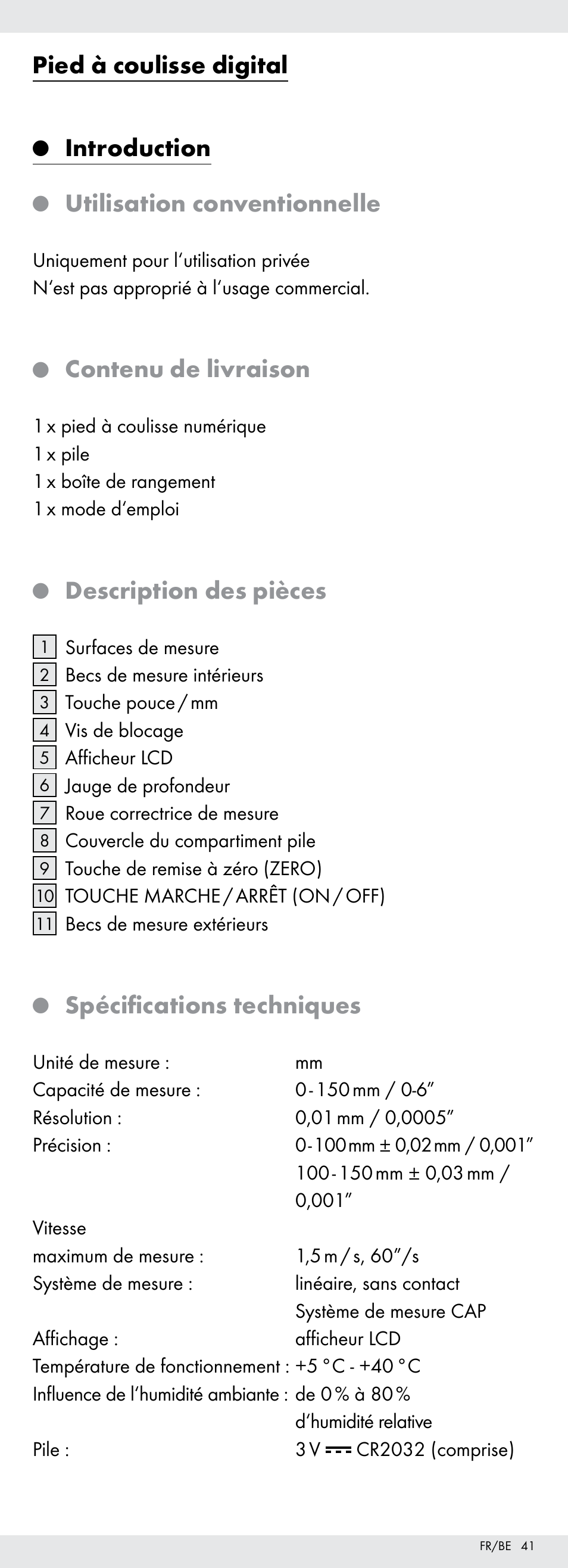 Pied à coulisse digital, Introduction, Utilisation conventionnelle | Contenu de livraison, Description des pièces, Spécifications techniques | Powerfix Z22855 User Manual | Page 41 / 67