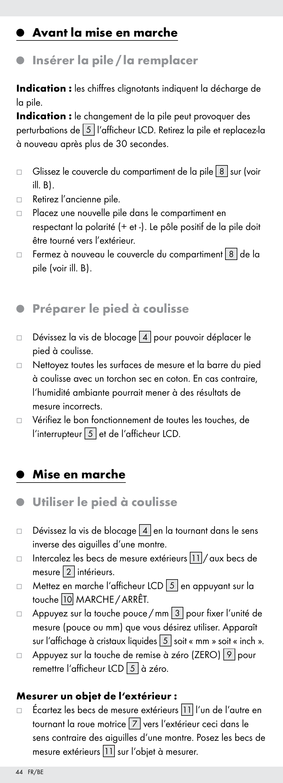 Avant la mise en marche, Insérer la pile / la remplacer, Préparer le pied à coulisse | Mise en marche, Utiliser le pied à coulisse | Powerfix Z22855 User Manual | Page 44 / 67