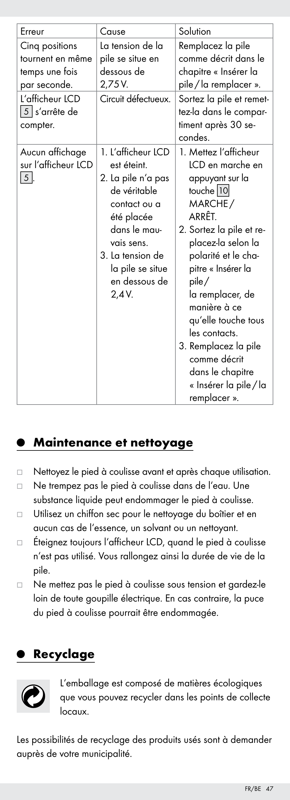 Maintenance et nettoyage, Recyclage | Powerfix Z22855 User Manual | Page 47 / 67