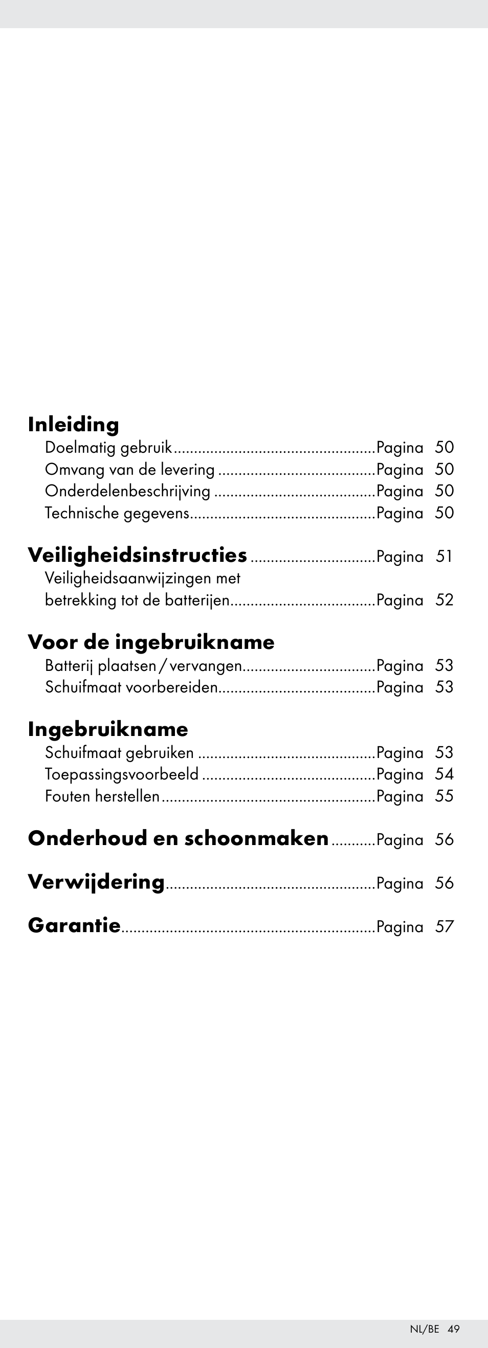 Inleiding, Veiligheidsinstructies, Voor de ingebruikname | Ingebruikname, Onderhoud en schoonmaken, Verwijdering, Garantie | Powerfix Z22855 User Manual | Page 49 / 67