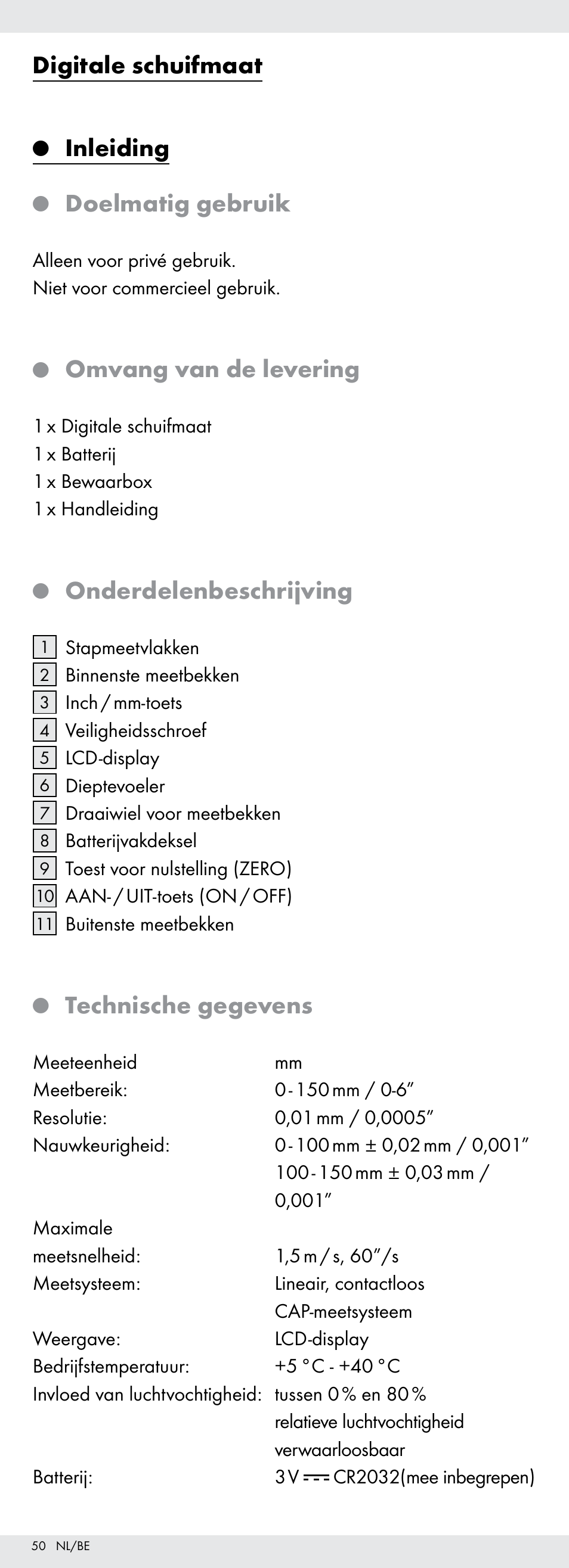 Digitale schuifmaat, Inleiding, Doelmatig gebruik | Omvang van de levering, Onderdelenbeschrijving, Technische gegevens | Powerfix Z22855 User Manual | Page 50 / 67