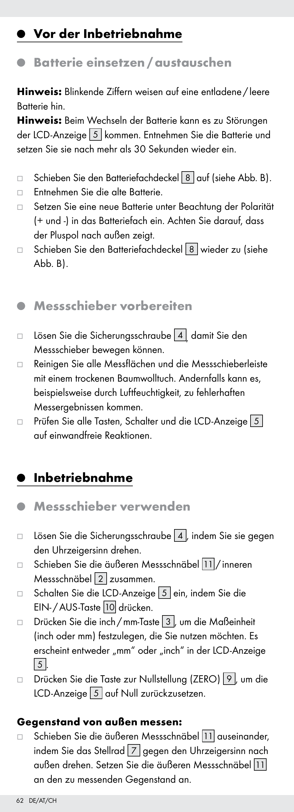 Vor der inbetriebnahme, Batterie einsetzen / austauschen, Messschieber vorbereiten | Inbetriebnahme, Messschieber verwenden | Powerfix Z22855 User Manual | Page 62 / 67