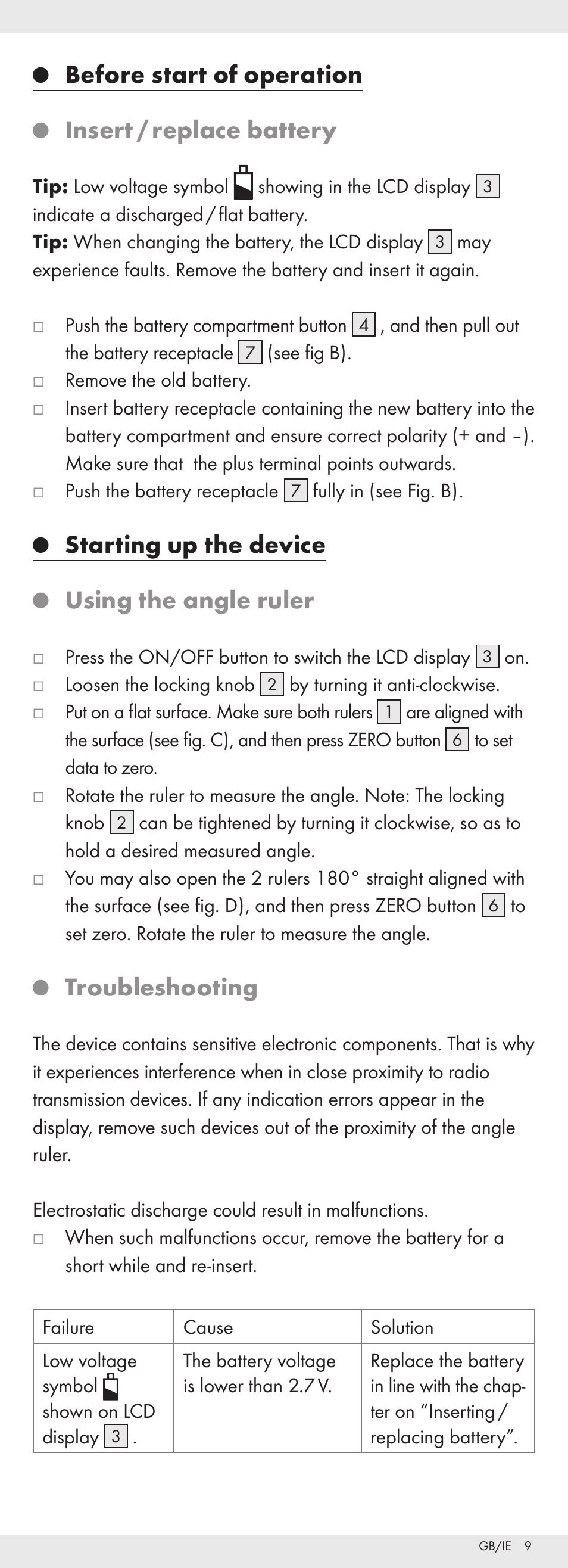 Before start of operation, Insert / replace battery, Starting up the device | Using the angle ruler, Troubleshooting | Powerfix Z32118 User Manual | Page 10 / 54