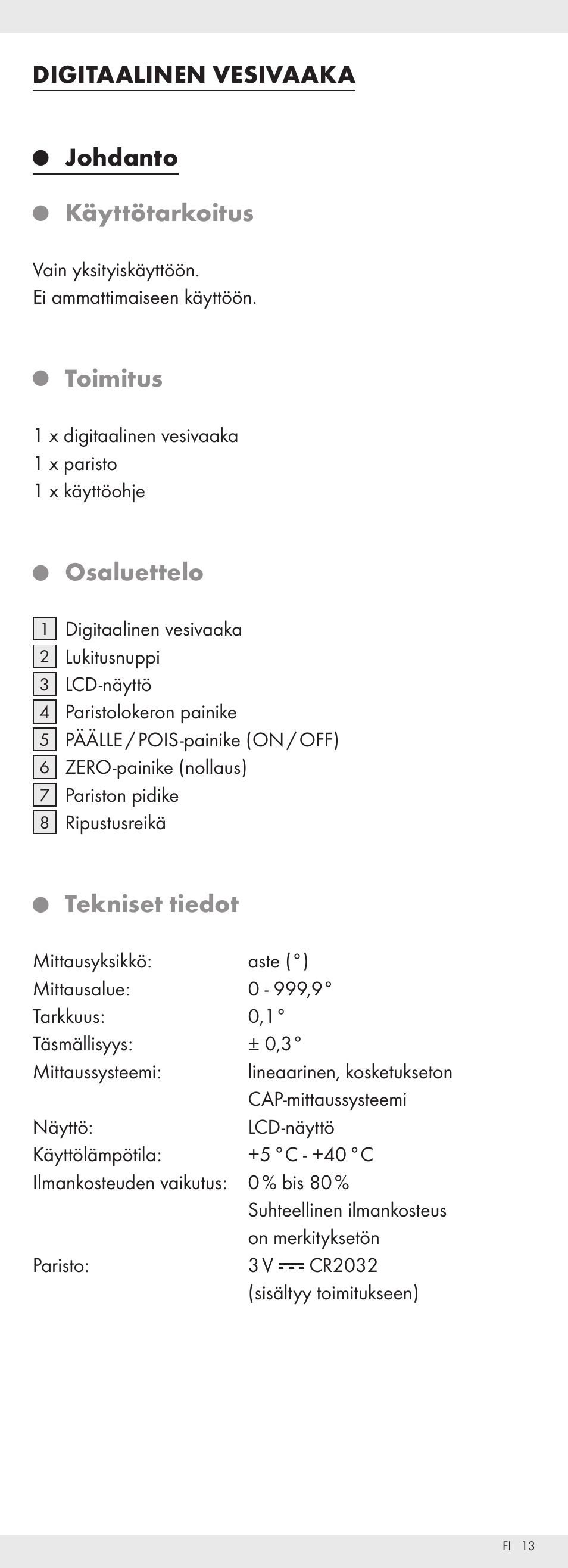 Digitaalinen vesivaaka, Johdanto, Käyttötarkoitus | Toimitus, Osaluettelo, Tekniset tiedot | Powerfix Z32118 User Manual | Page 14 / 54