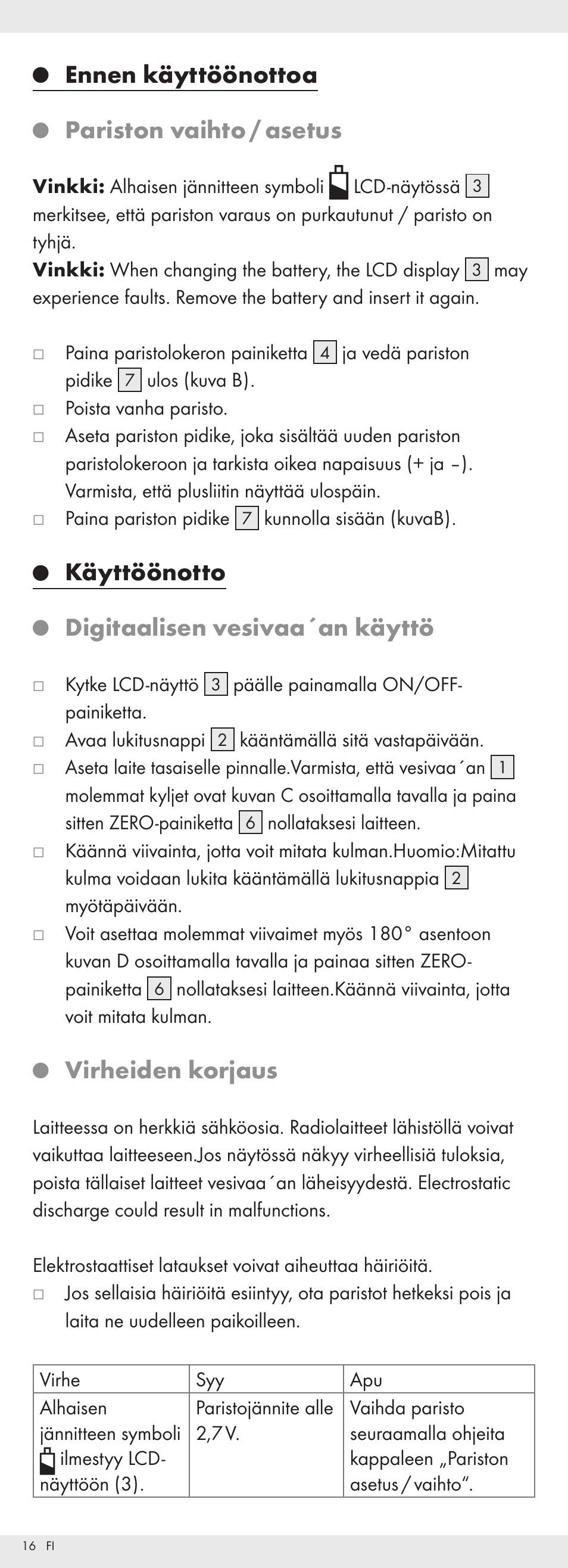 Ennen käyttöönottoa, Pariston vaihto / asetus, Käyttöönotto | Digitaalisen vesivaa´an käyttö, Virheiden korjaus | Powerfix Z32118 User Manual | Page 17 / 54