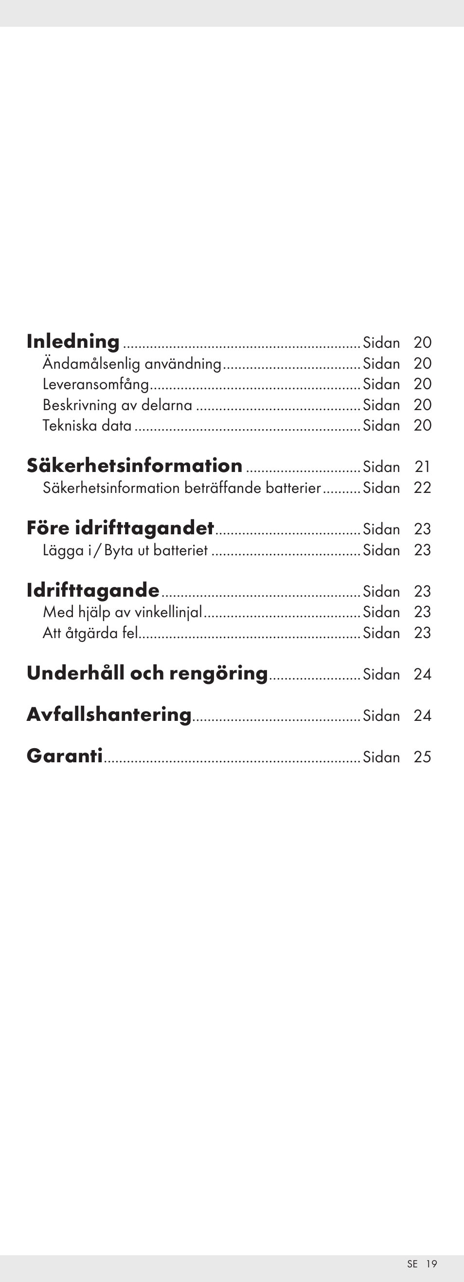 Inledning, Säkerhetsinformation, Före idrifttagandet | Idrifttagande, Underhåll och rengöring, Avfallshantering, Garanti | Powerfix Z32118 User Manual | Page 20 / 54