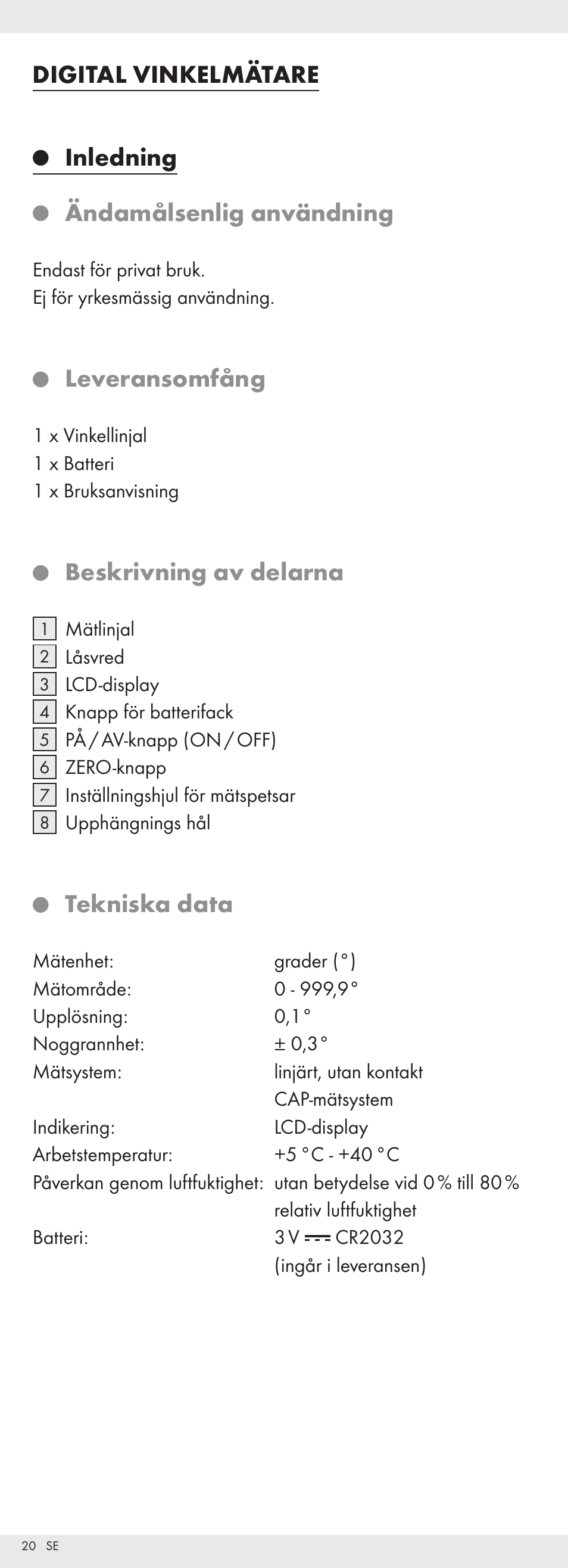 Digital vinkelmätare, Inledning, Ändamålsenlig användning | Leveransomfång, Beskrivning av delarna, Tekniska data | Powerfix Z32118 User Manual | Page 21 / 54