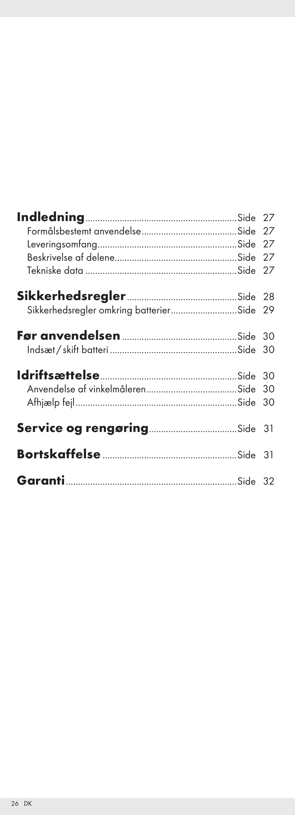 Indledning, Sikkerhedsregler, Før anvendelsen | Idriftsættelse, Service og rengøring, Bortskaffelse, Garanti | Powerfix Z32118 User Manual | Page 27 / 54