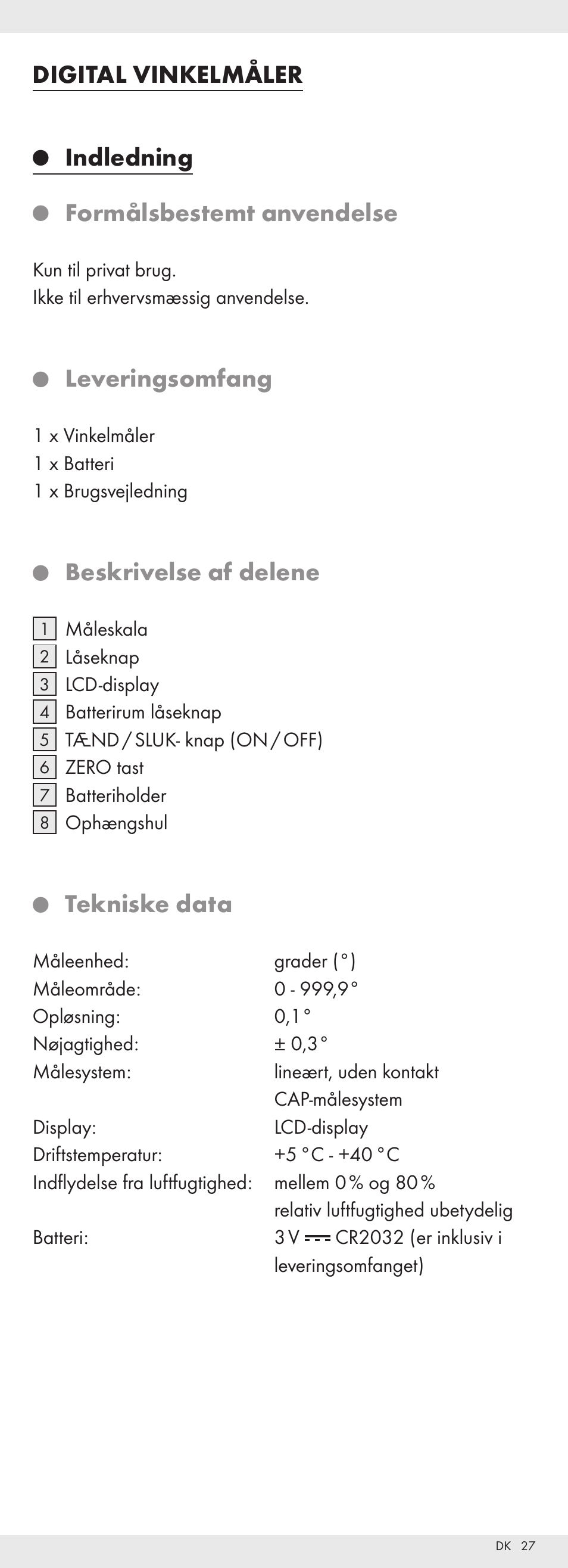 Digital vinkelmåler, Indledning, Formålsbestemt anvendelse | Leveringsomfang, Beskrivelse af delene, Tekniske data | Powerfix Z32118 User Manual | Page 28 / 54