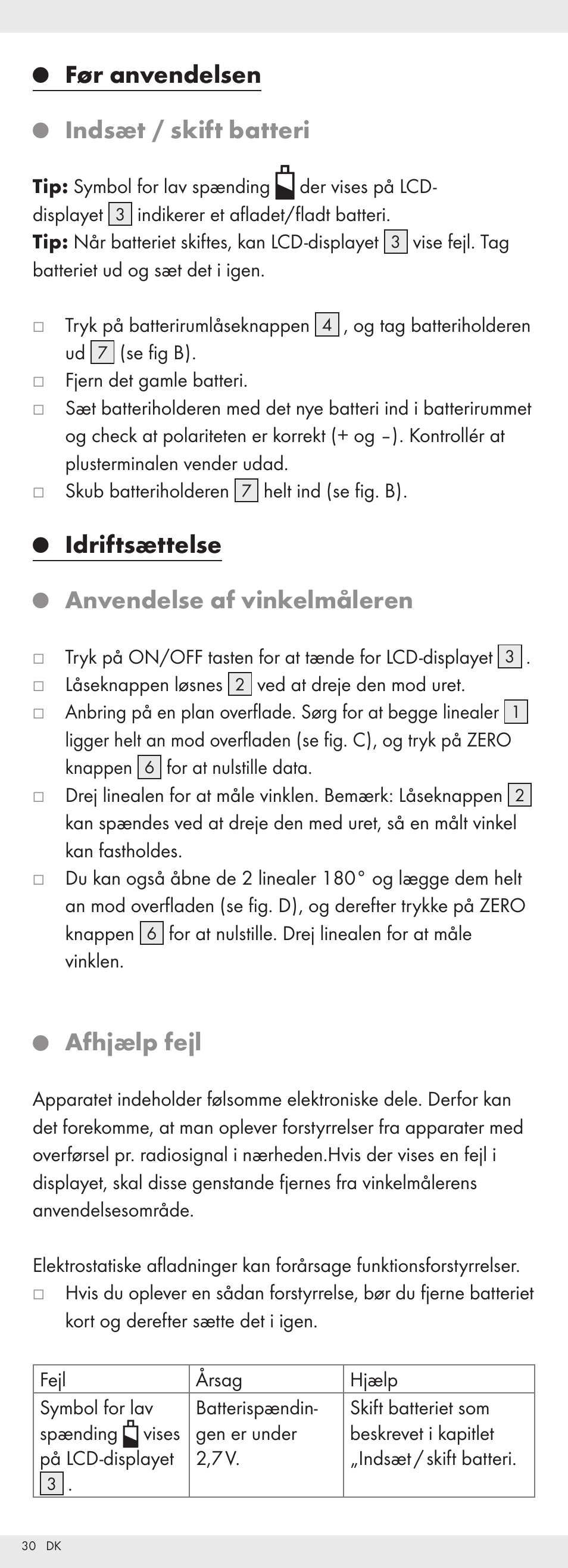 Før anvendelsen, Indsæt / skift batteri, Idriftsættelse | Anvendelse af vinkelmåleren, Afhjælp fejl | Powerfix Z32118 User Manual | Page 31 / 54