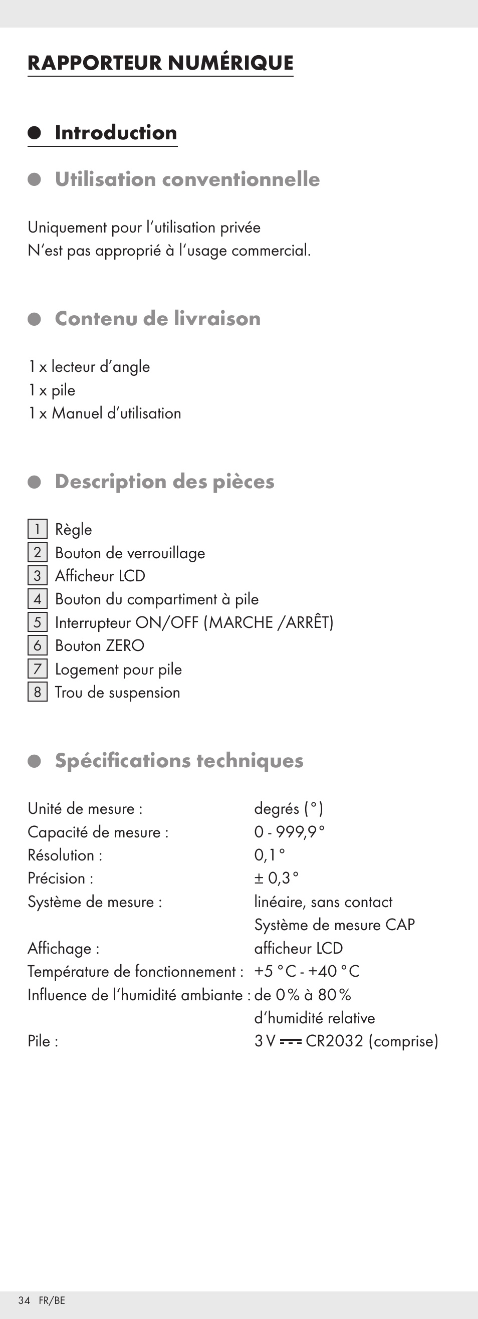 Rapporteur numérique, Introduction, Utilisation conventionnelle | Contenu de livraison, Description des pièces, Spécifications techniques | Powerfix Z32118 User Manual | Page 35 / 54