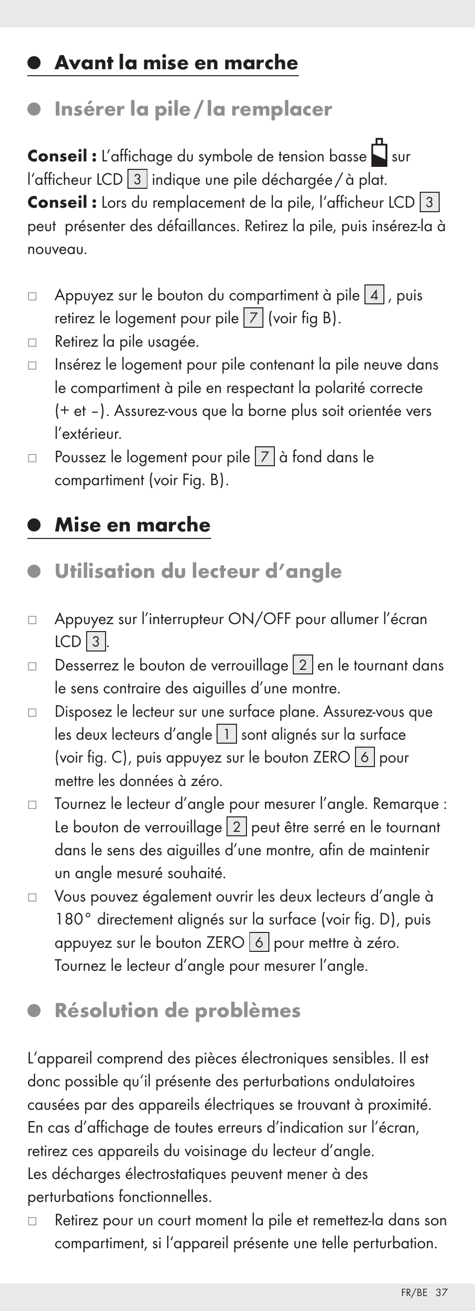 Avant la mise en marche, Insérer la pile / la remplacer, Mise en marche | Utilisation du lecteur d’angle, Résolution de problèmes | Powerfix Z32118 User Manual | Page 38 / 54