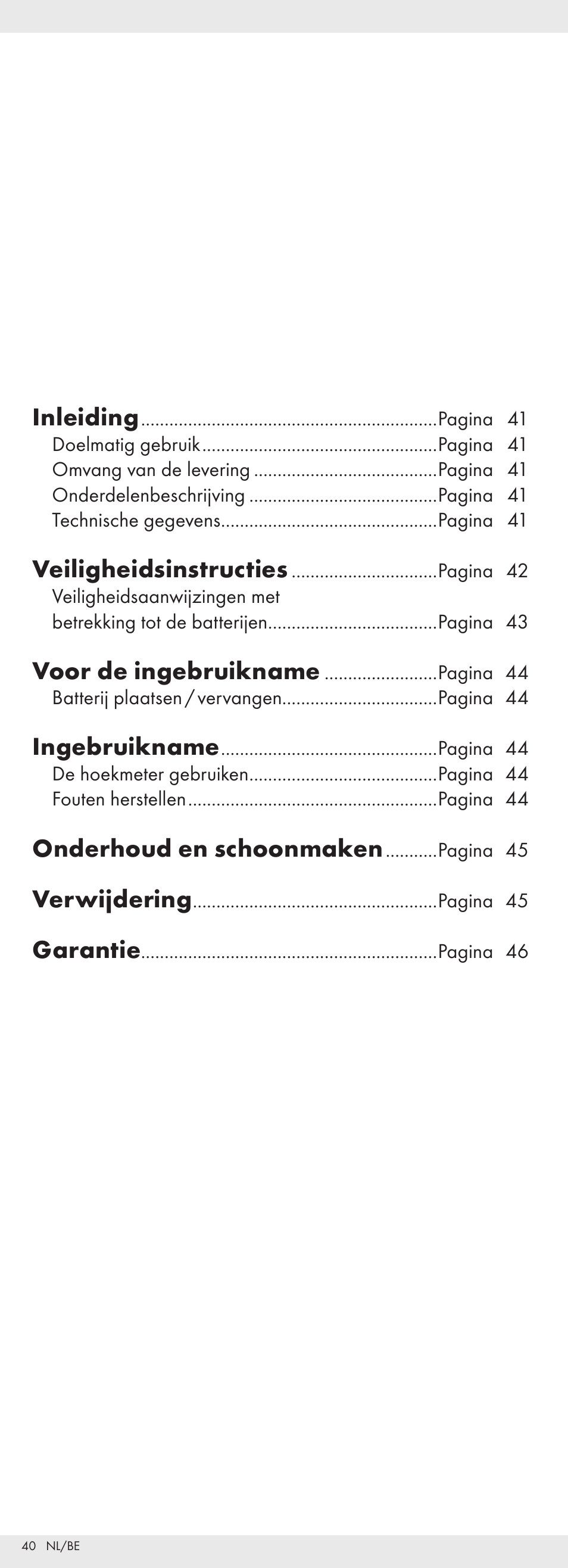 Inleiding, Veiligheidsinstructies, Voor de ingebruikname | Ingebruikname, Onderhoud en schoonmaken, Verwijdering, Garantie | Powerfix Z32118 User Manual | Page 41 / 54